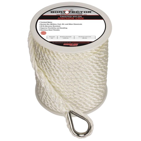 Lastplay 3-8X100 WHITE TN 0.37 in. x 100 ft. BoatTector Twisted Nylon Anchor Line with Thimble LA1845426